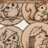 Brandmalerei-Vorlagen mit niedlichen Waldtieren auf Holz für den Workshop bei BrandLinge