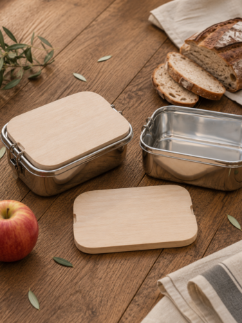 2 Edelstahl Lunchboxen mit Ahorn-Schneidebrett für Brandmalerei – auslaufsicher und ideal für kreative DIY-Projekte.