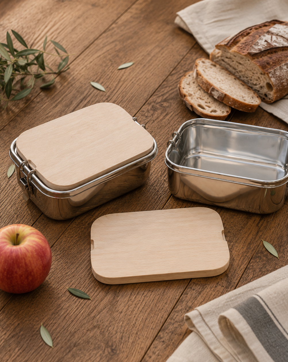 2er-Set Edelstahl Lunchboxen mit Ahorn-Schneidebrett – Brandmalerei 2 Edelstahl Lunchboxen mit Ahorn-Schneidebrett für Brandmalerei – auslaufsicher und ideal für kreative DIY-Projekte.