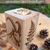 Arven-Duft Workshop in der BrandLinge-Stube mit Schweizer ArvenQuader, Bio-Arvenöl von Aromalife und Brandmalerei.