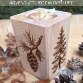 Arven-Duft Workshop in der BrandLinge-Stube mit Schweizer ArvenQuader, Bio-Arvenöl von Aromalife und Brandmalerei.