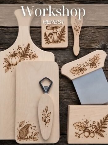 Brandmalerei Herbst-Workshop mit kleinen Herbstmotiven auf verschiedenen Holzrohlingen von BrandLinge.