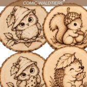 Brandmalerei Workshop in Kölliken mit Eule, Eichhörnchen, Igel und Zwerg auf Holzrondellen