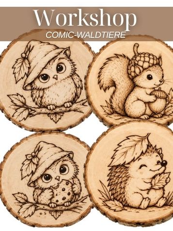 Kleine Auszeit – Liebenswerte Waldbewohner Brandmalerei Workshop in Kölliken mit Eule, Eichhörnchen, Igel und Zwerg auf Holzrondellen
